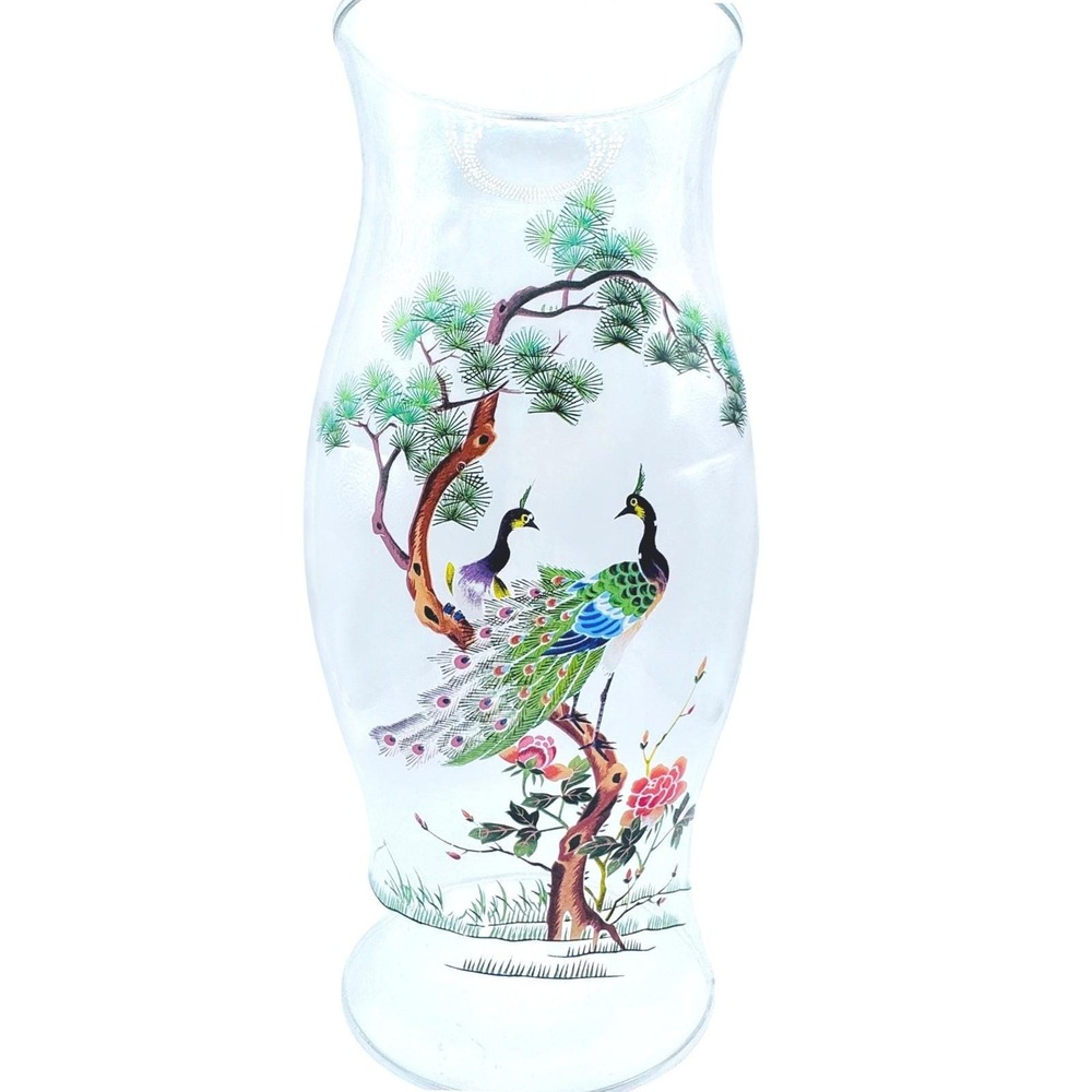 Vintage Peacock Hurricane Lamp Shade Chimney Glass L.E. Smith Cottage Floral - Picture 3 of 11